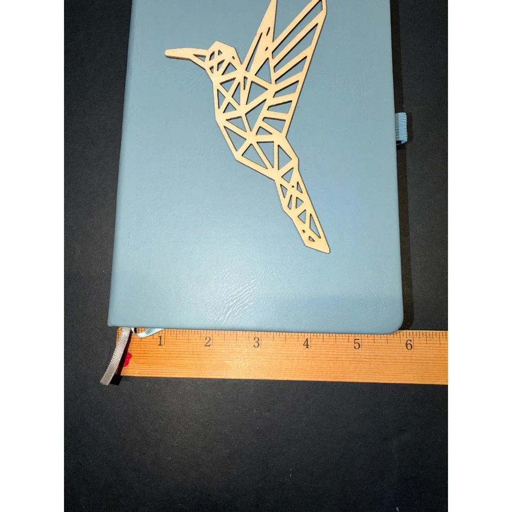 Geometric Hummingbird Wood Cutout Lined Journal Dusty Blue Faux Leather Notebook